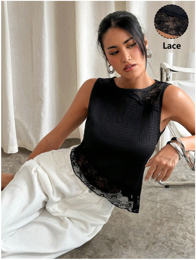 Crop top negro corte asimétrico & encaje parte inferior - 6006