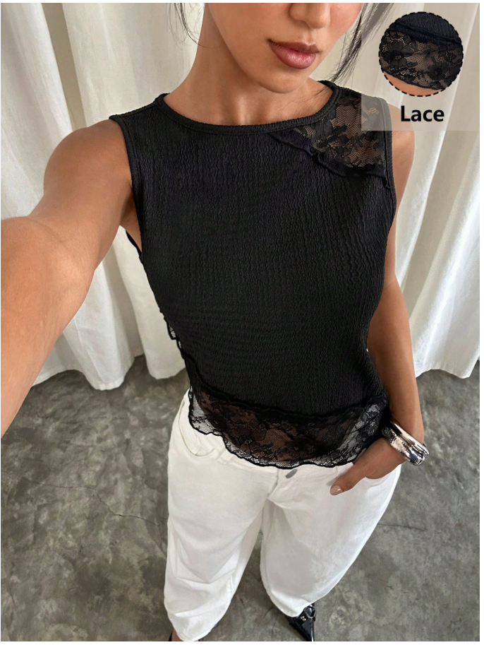 Crop top negro corte asimétrico & encaje parte inferior - 6006