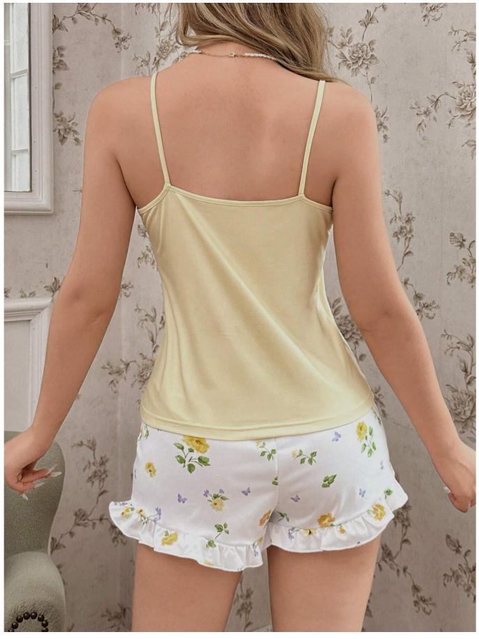Pijama top amarillo short estampado flores amarillas - 6008