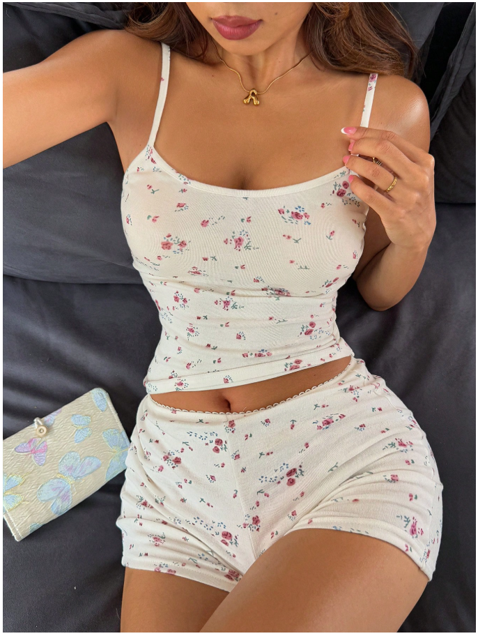 Pijama beige estampado floral top de tirantes - 6009