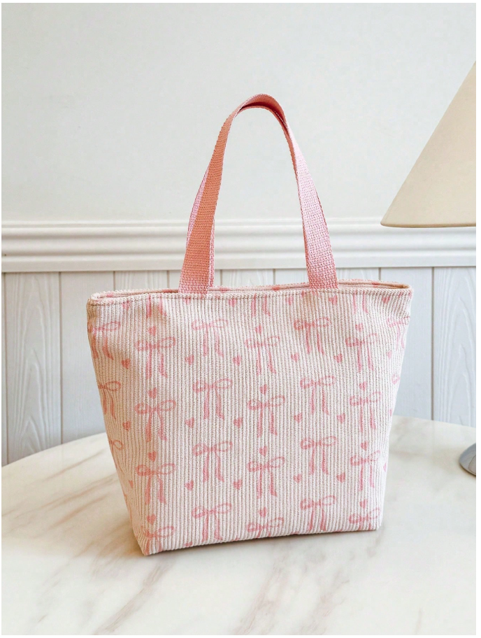 Bolso térmico rosa tipo corduroy estampado lazos - 6011