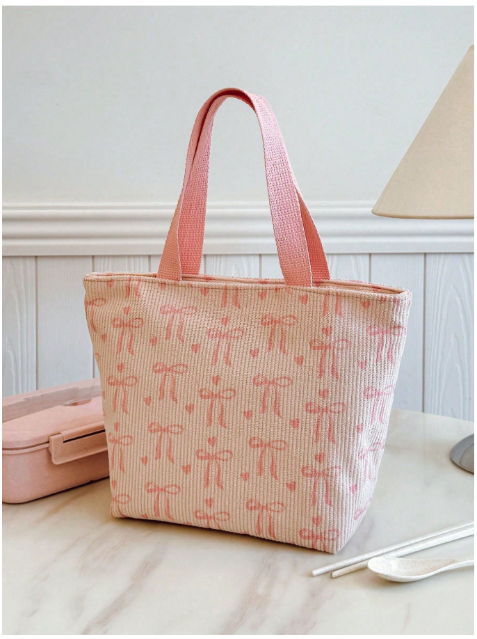 Bolso térmico rosa tipo corduroy estampado lazos - 6011