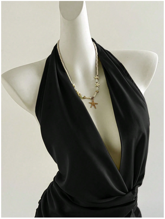Vestido negro halter con detalle dorado en cintura - 6015