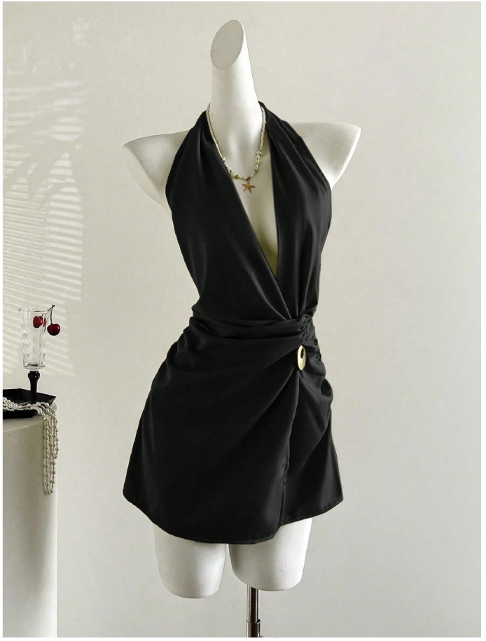 Vestido negro halter con detalle dorado en cintura - 6015