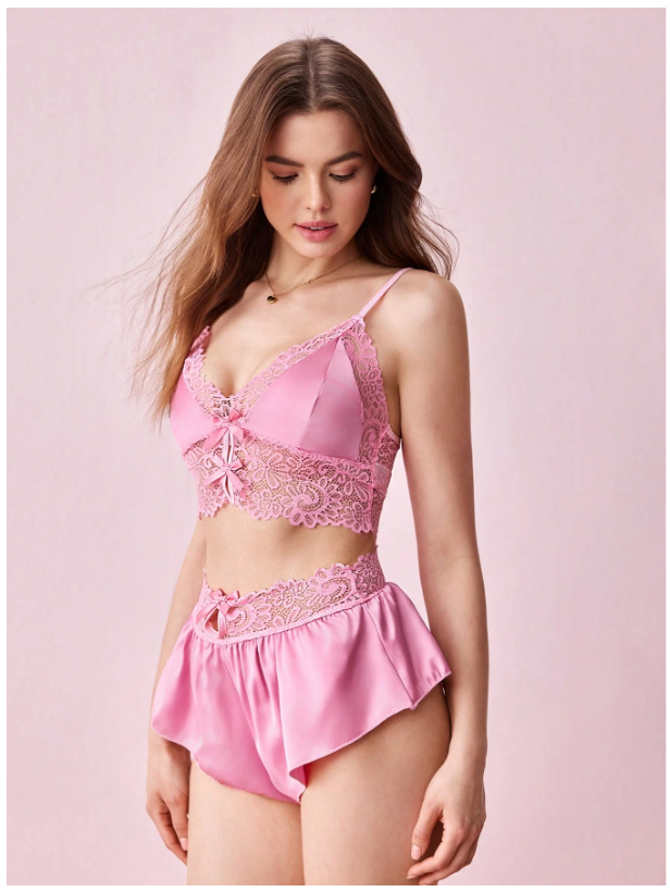 Pijama rosa sólido con encaje - 6017R