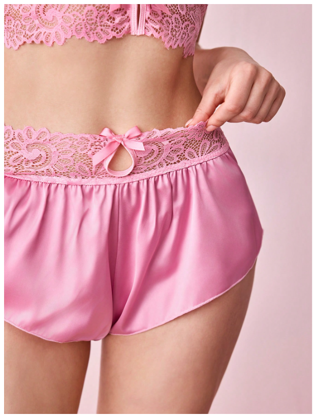 Pijama rosa sólido con encaje - 6017R