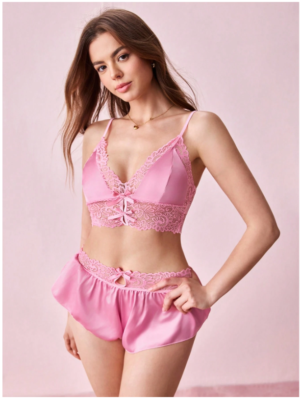 Pijama rosa sólido con encaje - 6017R