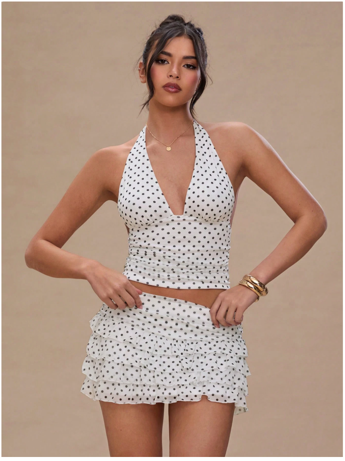 Crop top blanco halter estampado lunares negros espalda descubierta - 6019