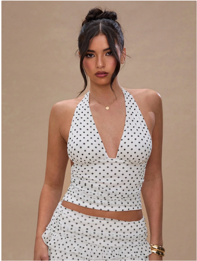 Crop top blanco halter estampado lunares negros espalda descubierta - 6019
