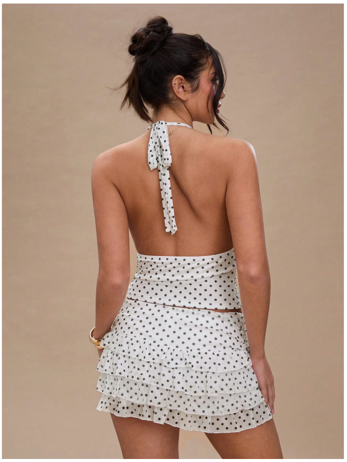Crop top blanco halter estampado lunares negros espalda descubierta - 6019