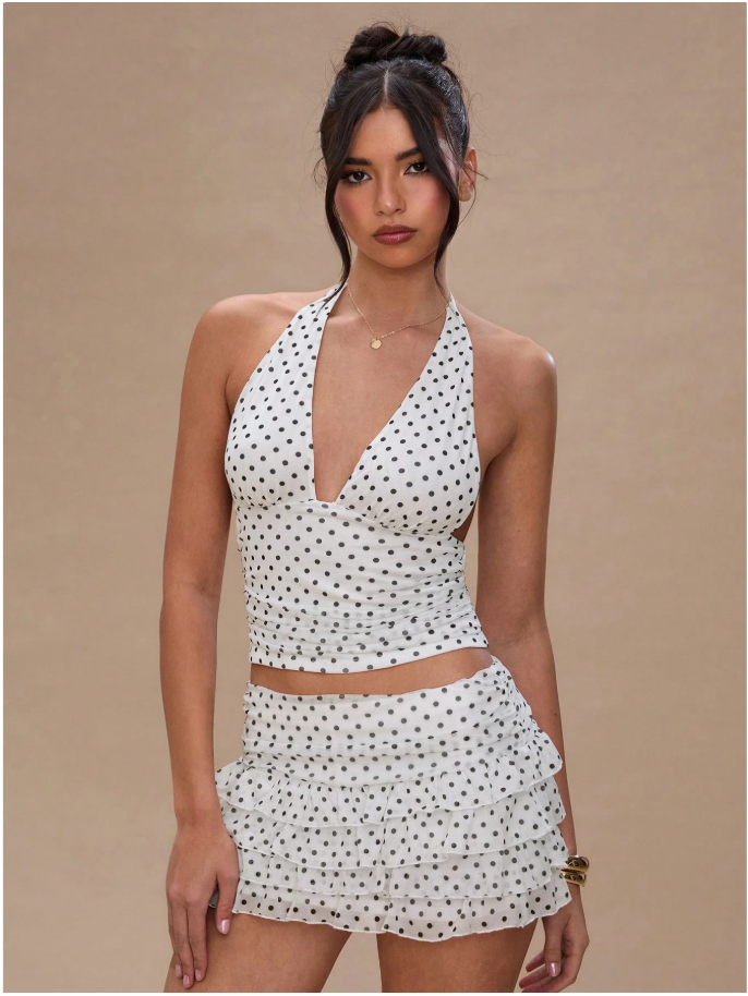 Crop top blanco halter estampado lunares negros espalda descubierta - 6019
