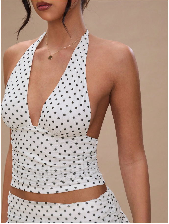 Crop top blanco halter estampado lunares negros espalda descubierta - 6019