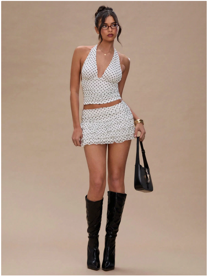 Crop top blanco halter estampado lunares negros espalda descubierta - 6019