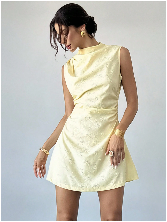 Vestido amarillo estampado rosas en relieve - 6025