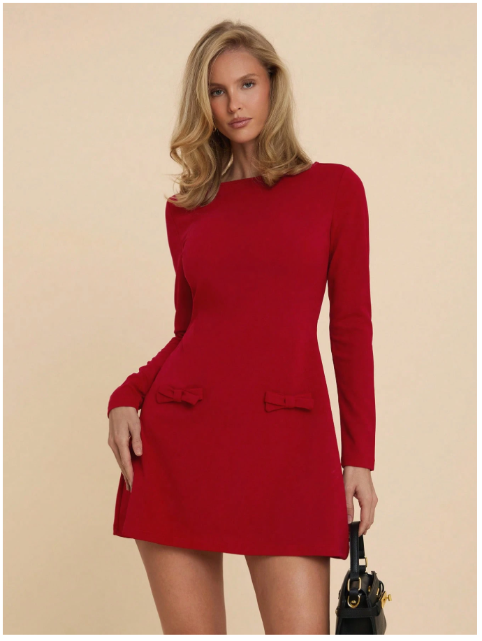 Vestido rojo corto manga larga lazos frontales - 6026