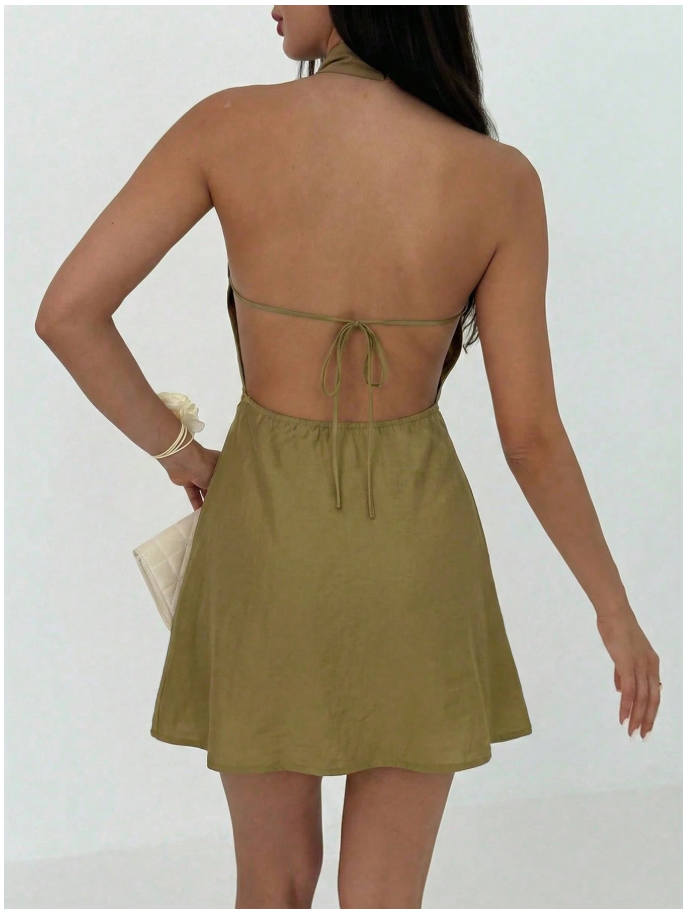 Vestido mini verde plisado espalda descubierta - 6028