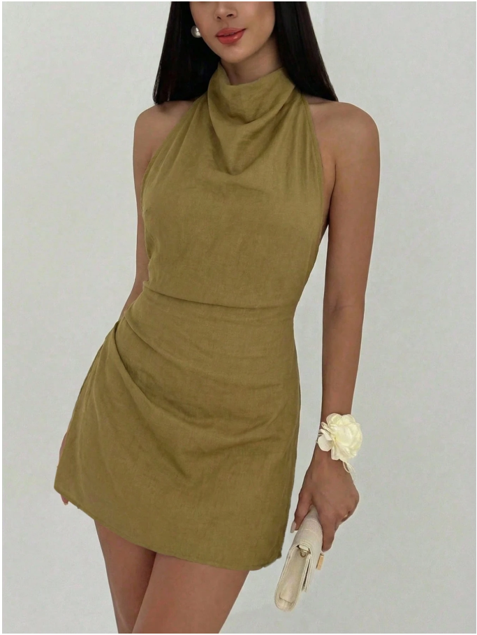 Vestido mini verde plisado espalda descubierta - 6028