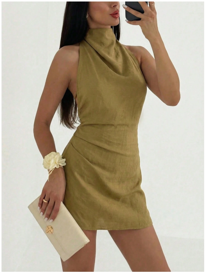 Vestido mini verde plisado espalda descubierta - 6028