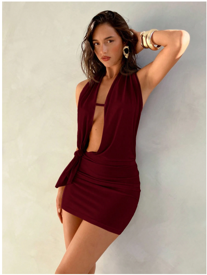 Vestido burdeos corto cuello drapeado espalda descubierta - 6029
