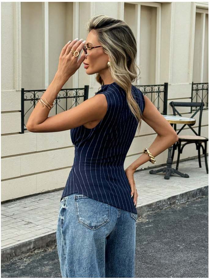 Camisa azul marino rayas blancas sin mangas - 6033