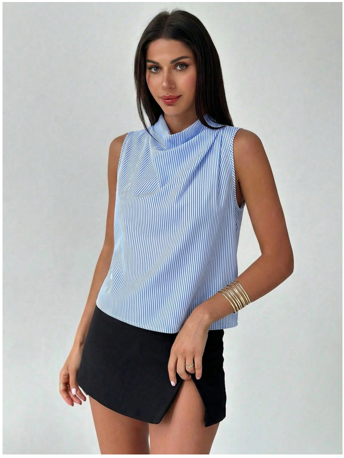 Camisa azul a rayas sin mangas cuello alto - 6035