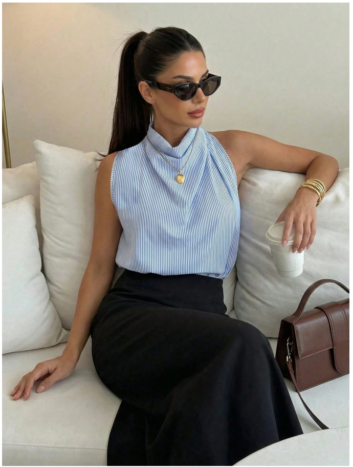Camisa azul a rayas sin mangas cuello alto - 6035