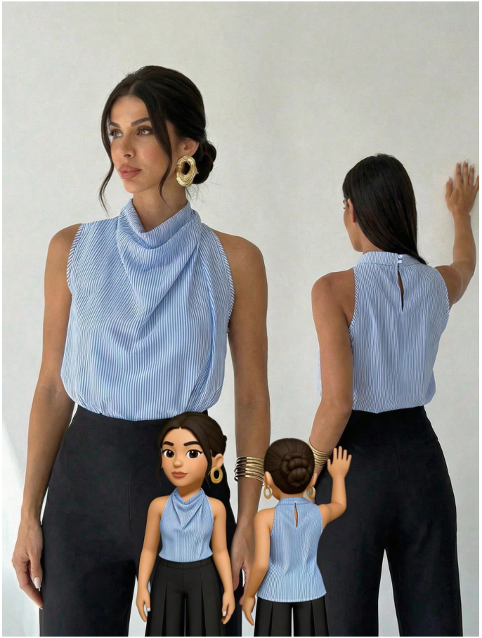 Camisa azul a rayas sin mangas cuello alto - 6035