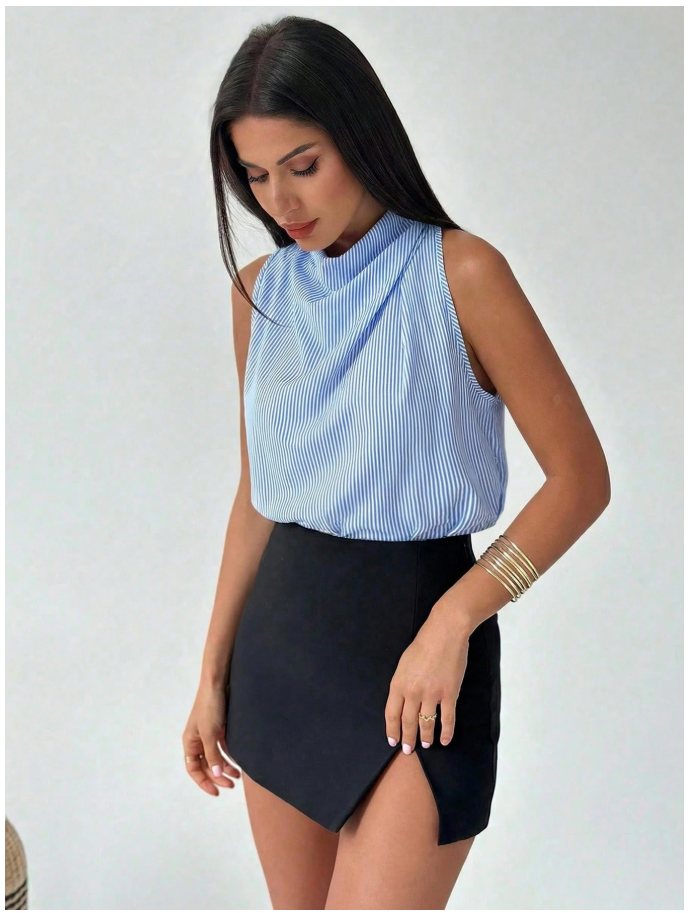 Camisa azul a rayas sin mangas cuello alto - 6035