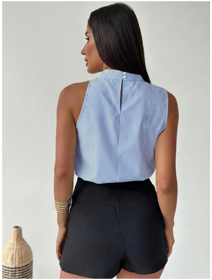 Camisa azul a rayas sin mangas cuello alto - 6035