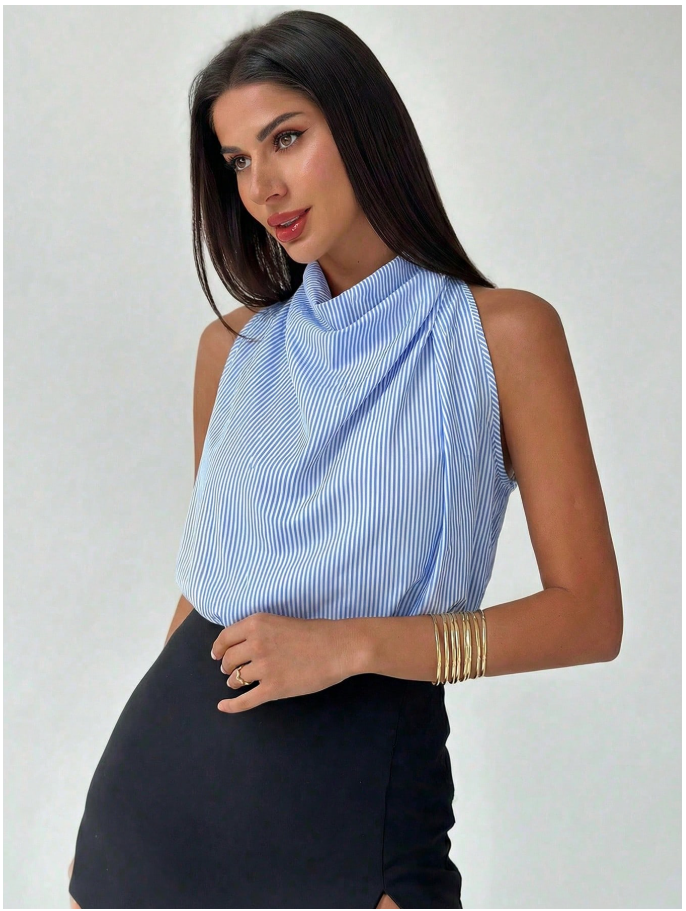 Camisa azul a rayas sin mangas cuello alto - 6035