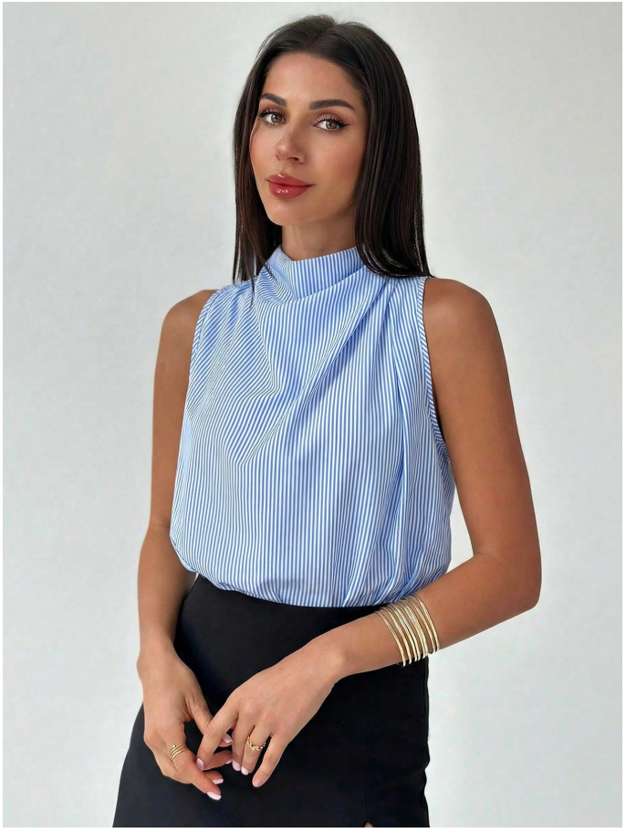 Camisa azul a rayas sin mangas cuello alto - 6035