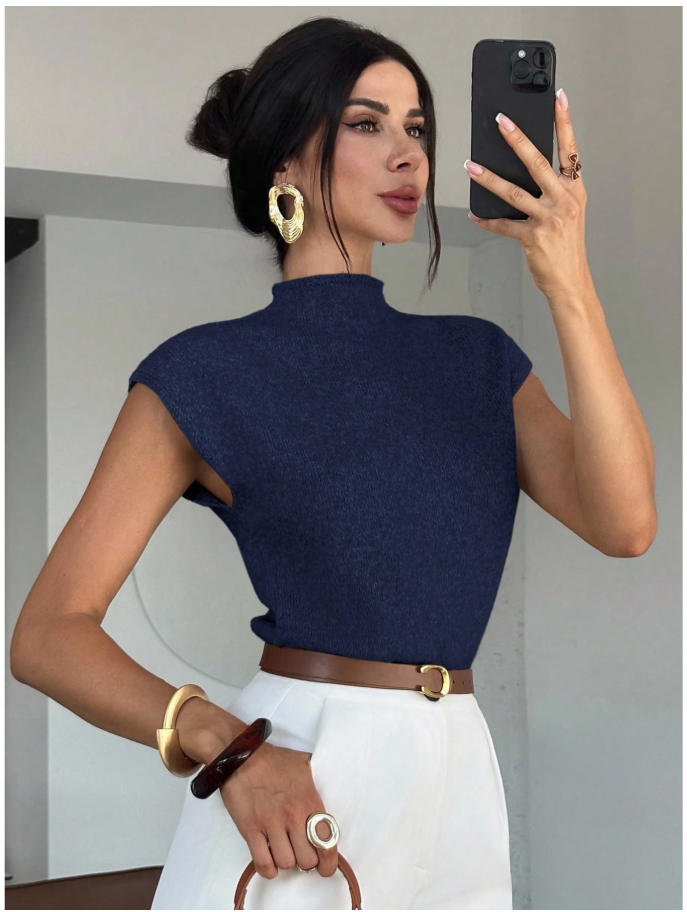 Camisa azul sin mangas cuello alto corte holgado - 6036