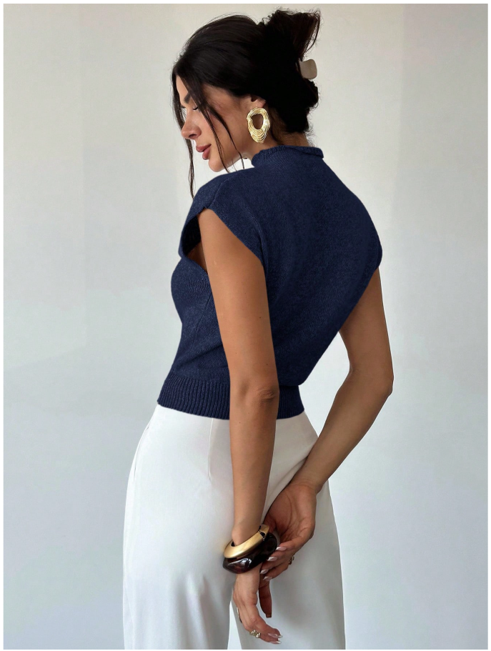 Camisa azul sin mangas cuello alto corte holgado - 6036