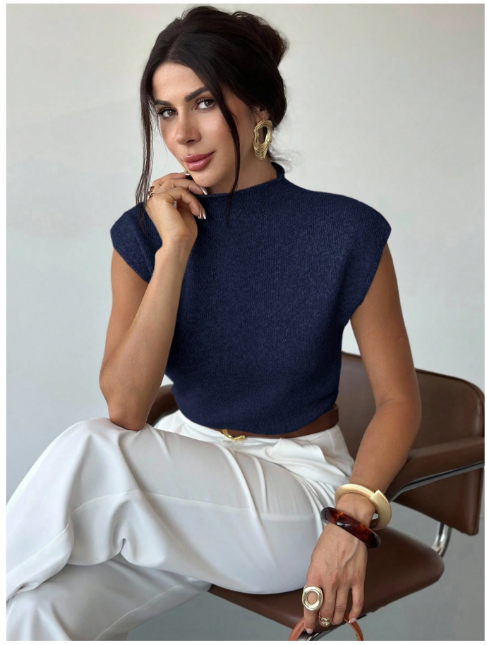 Camisa azul sin mangas cuello alto corte holgado - 6036
