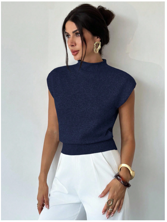 Camisa azul sin mangas cuello alto corte holgado - 6036