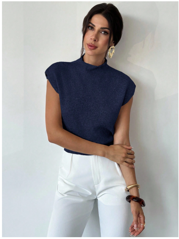 Camisa azul sin mangas cuello alto corte holgado - 6036