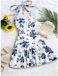 Vestido fondo blanco estampado flores azules cuello halter - 6038