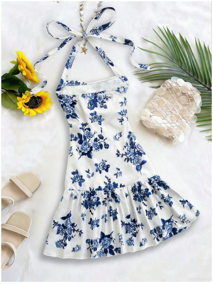 Vestido fondo blanco estampado flores azules cuello halter - 6038