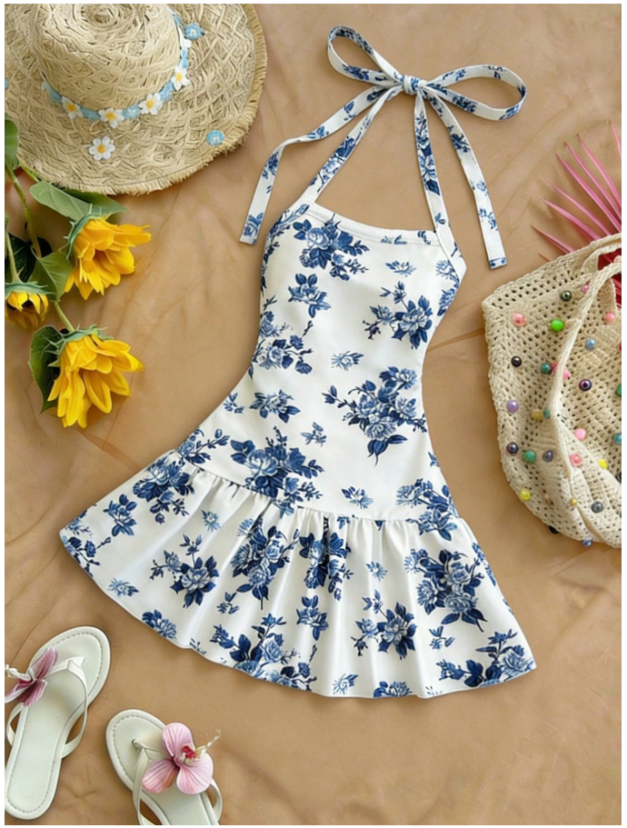 Vestido fondo blanco estampado flores azules cuello halter - 6038
