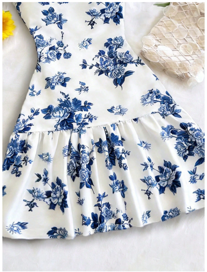 Vestido fondo blanco estampado flores azules cuello halter - 6038