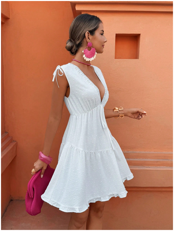 Vestido blanco cuello V cintura ceñida - 6040
