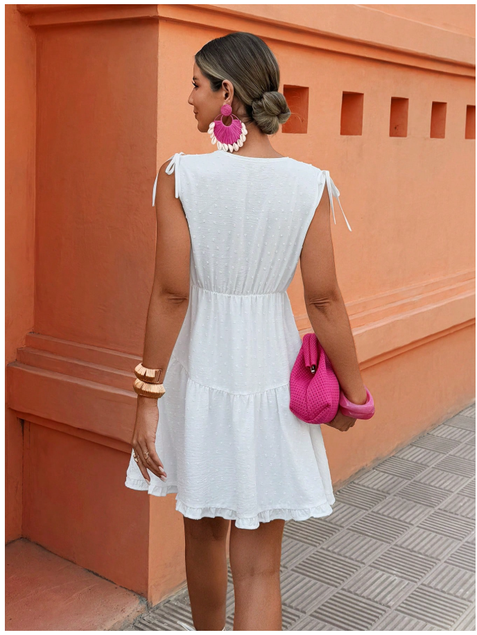 Vestido blanco cuello V cintura ceñida - 6040