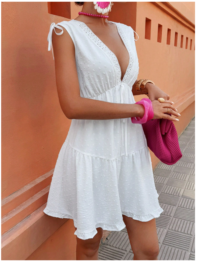 Vestido blanco cuello V cintura ceñida - 6040