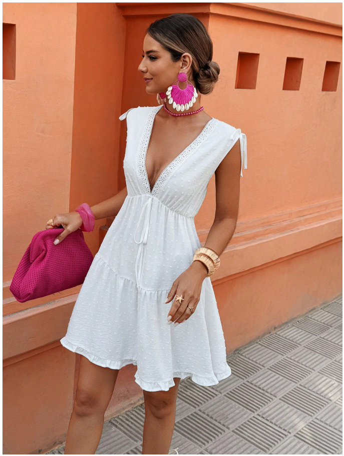 Vestido blanco cuello V cintura ceñida - 6040
