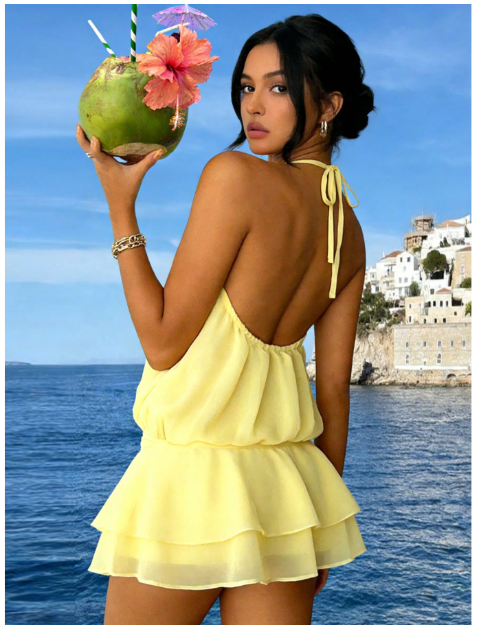 Vestido amarillo corto cuello halter espalda descubierta - 6043