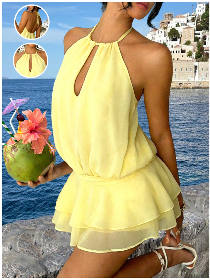 Vestido amarillo corto cuello halter espalda descubierta - 6043