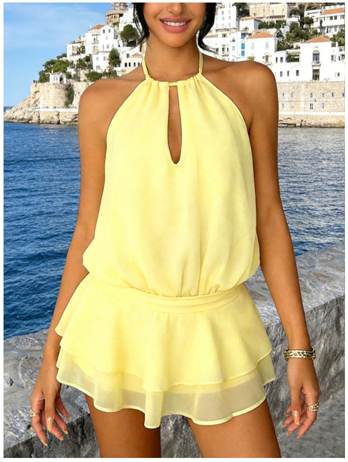 Vestido amarillo corto cuello halter espalda descubierta - 6043