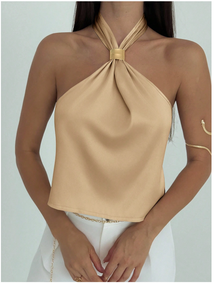 Camisa camel halter con detalle dorado - 6048