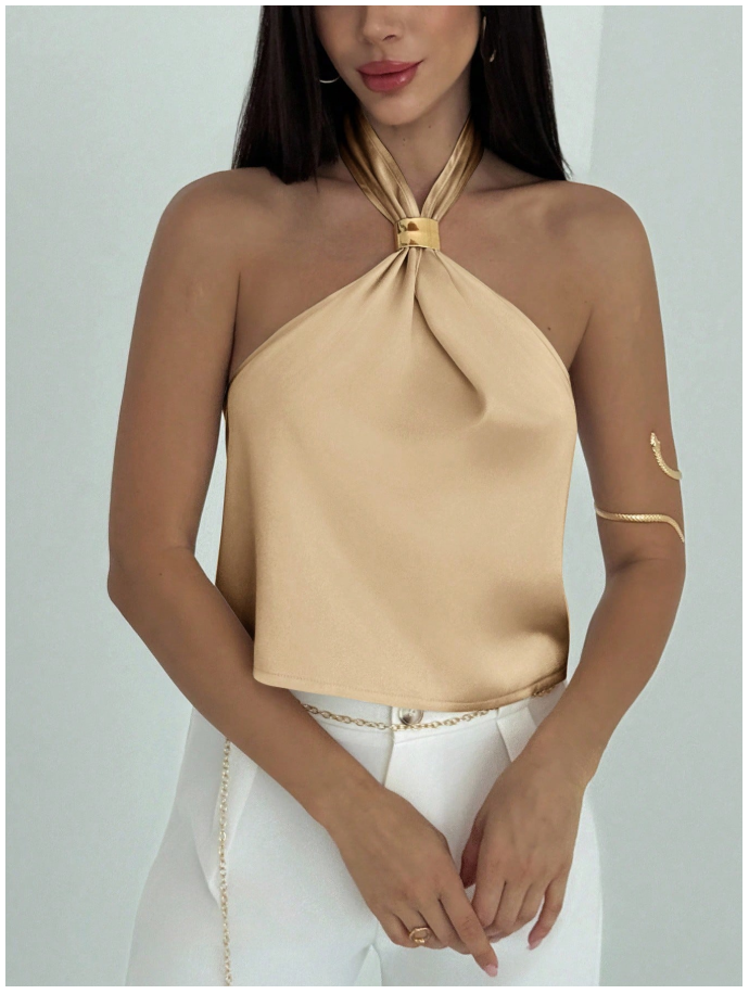 Camisa camel halter con detalle dorado - 6048