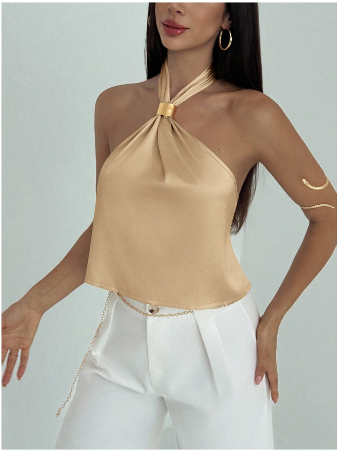 Camisa camel halter con detalle dorado - 6048